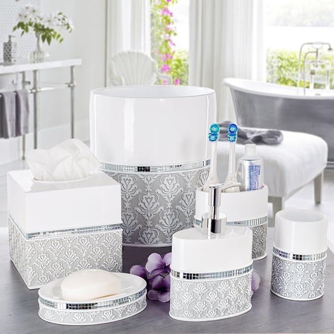 Creative Scents Mirror Damask Square Tissue Box Cover - Decorative Bathroom Tissues Paper Holder, Modern Napkins Container, Bottom Slider, for Cute Elegant Bathroom Decor (White & Gray)