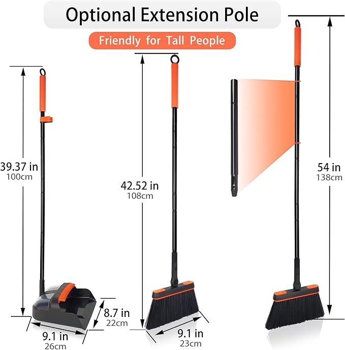 JEHONN Broom and Dustpan Set for Home, Long Handle Lightweight 180 Degree Rotating Broom Set Indoor, Upright Standing Dust Pan with Comb Teeth, Store Sweep Set for Room Kitchen Office Lobby