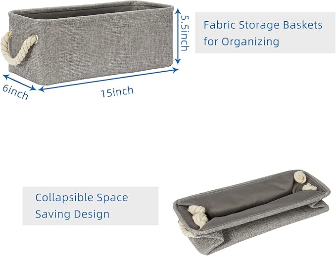 Temary Small Storage Baskets for Organizing, Narrow Baskets for Storage Toilet Paper Rolls, Fabric Baskets with Handles for Closets, Cabinets, Shelves (Grey, 15Lx6Wx5.5H Inches)