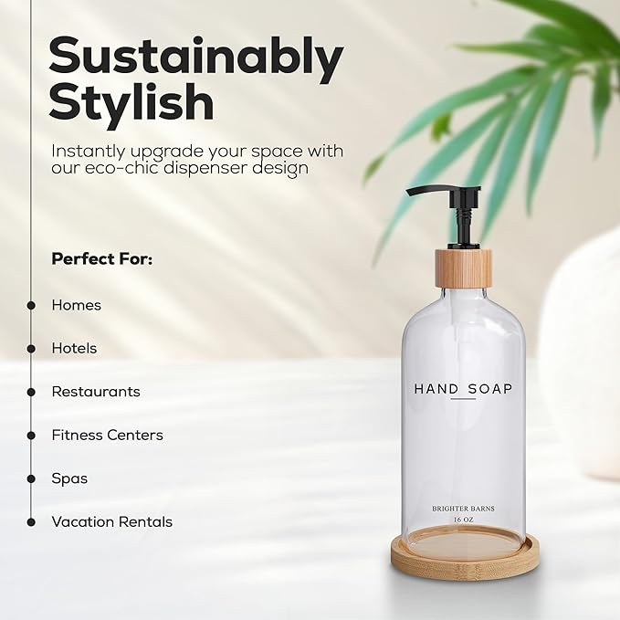 Glass Hand Soap Dispenser Bathroom Set by Brighter Barns - Hand Soap Dispenser for Kitchen Sink & Bathroom - Refillable Pump Bottle Set - Neutral Home Decor for Airbnb, Vacation Rental, Hotel (Clear)
