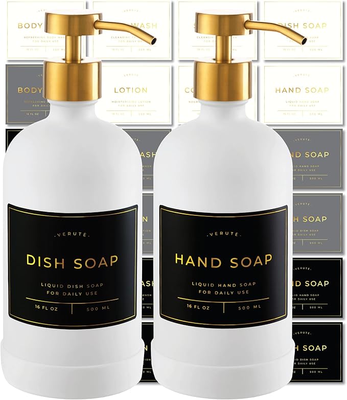 16oz Glass Soap Dispenser with Stainless Steel Pump, 21 Waterproof Labels, Non-Slip Protective Silicone Pad, Set of 2 for Bathroom & Kitchen (Matte White Bottle/Brushed Gold Pump)