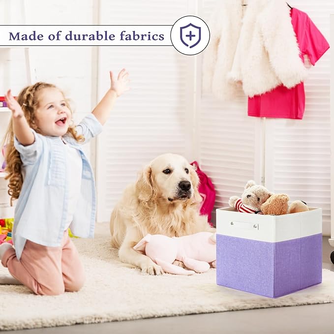 13 x 13 Inch Fine Linen Storage Bins with Handles，Fabric Cube Boxs，Collapsible Basket Organizers for Shelves for Home, Closet Drawers (White/Purple-6 Pack)
