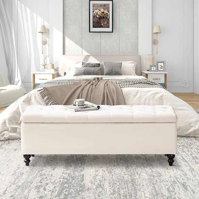 Storage Ottoman 50.2 Inches Upholstered Fabric Storage Ottoman Bench，Button Tufted Ottoman with Storage for Living Room，Bedroom End of Bed Bench Withstands 304lbs (Ivory)