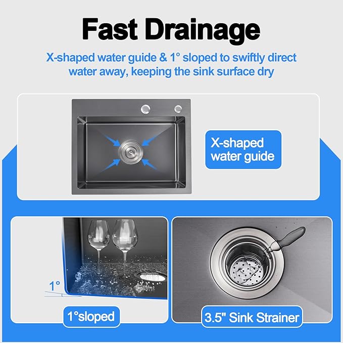 25x18x9 Inch Drop in Kitchen Sink, Handmade 304 Black Stainless Steel Single Bowl, Topmount with 2 Holes, R10 Tight Corner, for Modern Kitchen/RV/Outdoor Sink