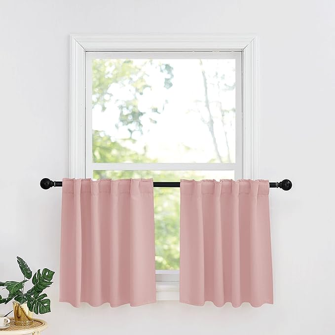 RYB HOME Pink Small Window Tiers - Blackout Insualting Privacy Curtains for Kids Bedroom Kitchen Bathroom Basement Cafe Cabinet Drapes, 34 Width x 24 Length, 2 Panels，Peach Blush