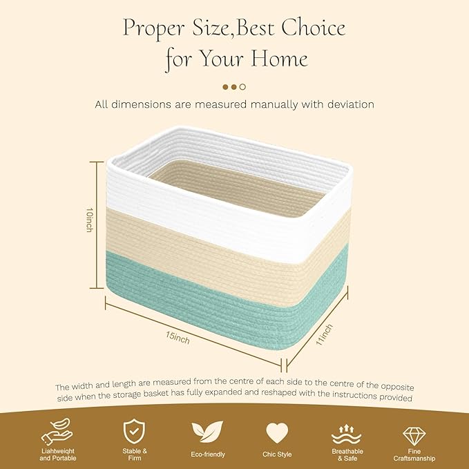 Hopegiver Woven Storage Baskets 15x11x10 Inch, 1 Pack Collapsible Cube Storage Bin for Shelves - Foldable Cotton Rope Organizer Bins for Towels, Toys, Books, Closet, Nursery (White Cream Green)