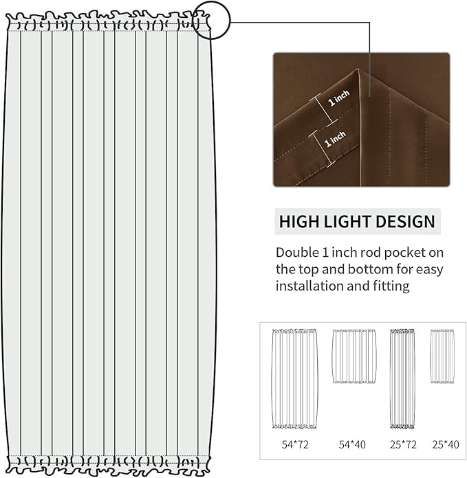 DWCN French Door Curtains – Rod Pocket Thermal Blackout Curtain for Doors with Glass Window, Kitchen and Patio Doors for Privacy, 25 X 72 Inches Long, 1 Curtain Panel with Tieback, Brown