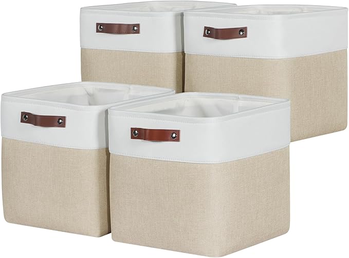 Univivi 12x12 Storage Cube Bins set of 4 Cube Organizer with Handles|Hard Bottom Fabric Closet Storage Organizer Baskets for Shelves (Khaki)