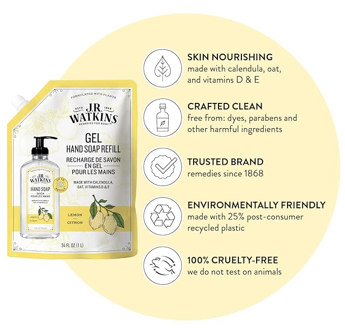 J.R. Watkins Liquid Hand Soap Lemon Refill, 34 Fl Oz