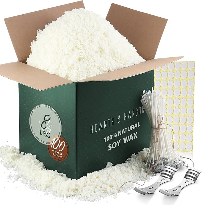 Hearth & Harbor Soy Candle Wax for Candle Making - Natural Soy Wax for Candle Making 8 lb Bag, Premium Soy Wax Flakes, 100 Cotton Candle Wicks, 100 Wick Stickers, & 2 Centering Devices