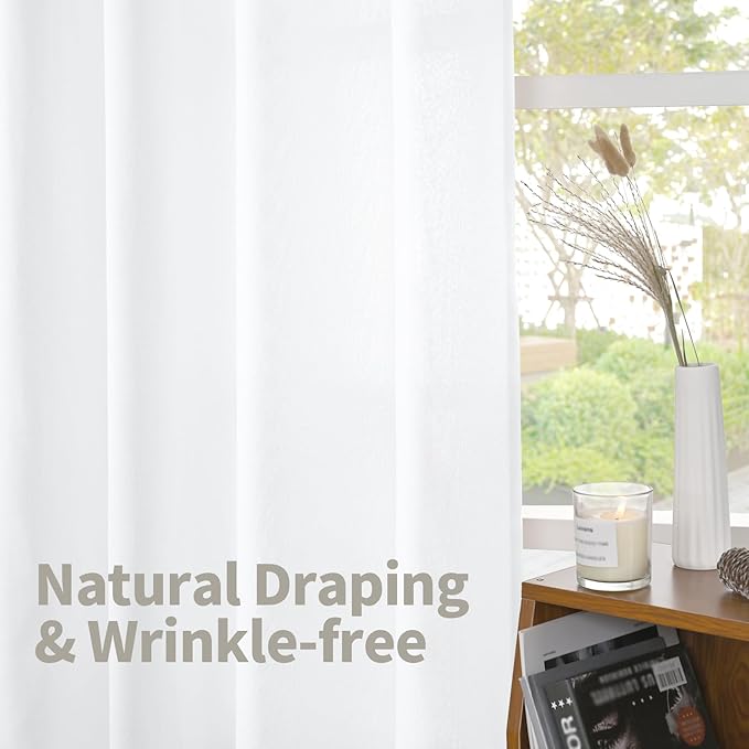 YoungsTex Short White Linen Curtains 45 Inch Length 2 Panels for Window, Semi Sheer Drapes Light Filtering with Rod Pocket Back Tab Lightweight for Cafe Kitchen Bathroom, 42 X 45 Inch
