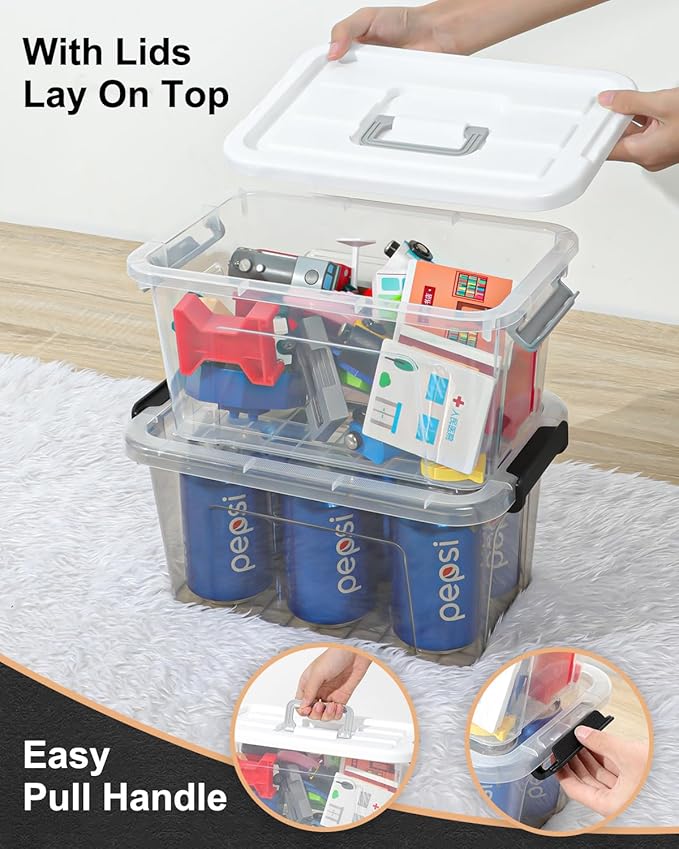 NUMIFUN Plastic Storage Bins with Lids 6 Pack Storage Organizer, 7 Quart Stackable Storage Bins with Buckle-Up Latches and Handle easy for Home Office Pantry Organization, Clear Lids