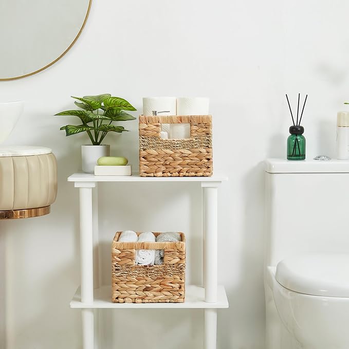Water Hyacinth Wicker Basket, Decorative Woven Baskets with Built-in Handles, Hand-woven Storage Organizer for Organizing Pantry, Livingroom, Bedroom, Shelves, Toilet(2-PACK, Blended)