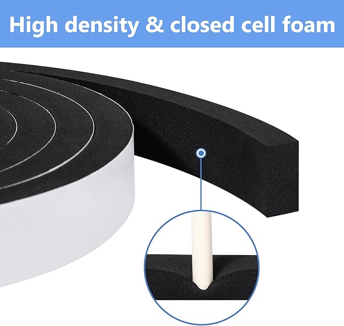 Weather Stripping Door Seal Strip (3/5 Inch X 1/8 Inch X 26Feet), Strong Adhesive, Lightproof, Soundproof, Weatherproof Foam Tape Insulation for Sliding Door, Front Door Frame, Windows- Black
