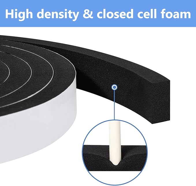 Weather Stripping Door Seal Strip- 1/2 Inch X 2/5 Inch X 13Feet, Strong Adhesive, Lightproof, Soundproof, Weatherproof Foam Tape Insulation for Sliding Door, Front Door Frame, Windows- Black