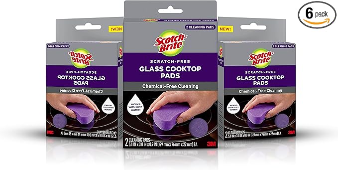 Scotch-Brite Glass Cooktop Pads, Scratch-Free & Non-Abrasive Scrubbers for Glass or Ceramic Stovetops, Cleans Burnt-On Messes with Just Water, Reusable Dishwasher-Safe Design (6 Pads)