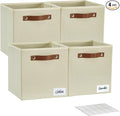 Collapsible Fabric Storage Cube Bins with 2 Reinforced PU Handles, Foldable Storage Organizer Baskets for Closet, Shelves, Living Room | 11"x11"x11", 4 Pack, Full Beige
