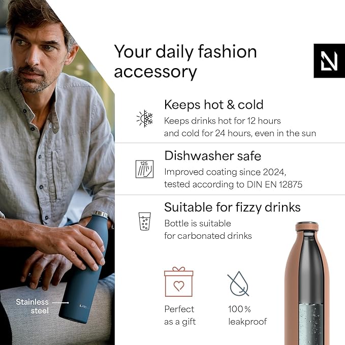 LARS NYSØM Stainless Steel Insulated XL Water Bottle 12oz 17oz 25oz 34oz 51oz | Insulated Thermo Flask for Hot and Cold Beverages | Leakproof Drinking Bottle (Blush Rose, 50.7 oz)
