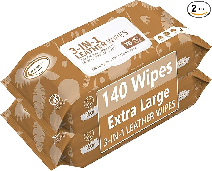 Air Jungles 3in1 Leather Wipes 140 Count, Extra Large 8" x 10" Size, Clean Condition Protect Wipes for Vinyl and Leather Apparel Furniture Auto Car Interior Shoes Boots Bags