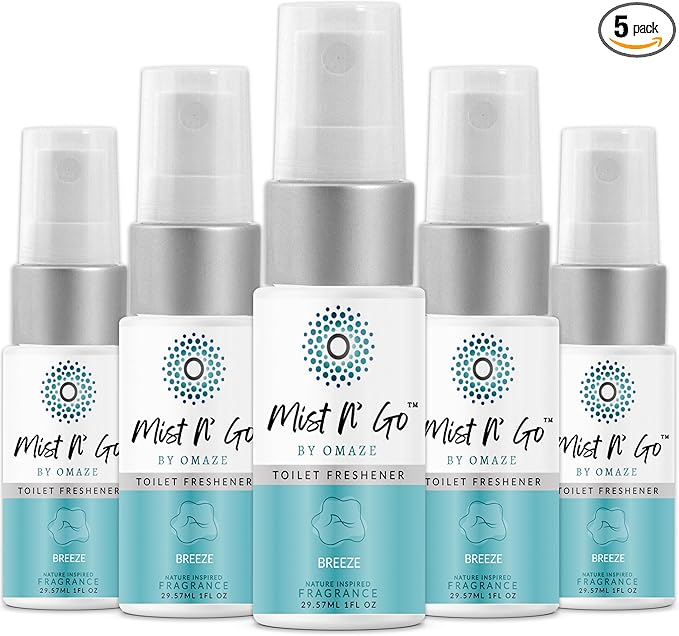 Mist N’ Go by Omaze Travel Bathroom Spray for Toilet Spray Odor Eliminator - Travel Toilet Spray for Bathroom Air Freshener Spray for Bathroom Deodorizer - Breeze Travel Size (1oz x5)