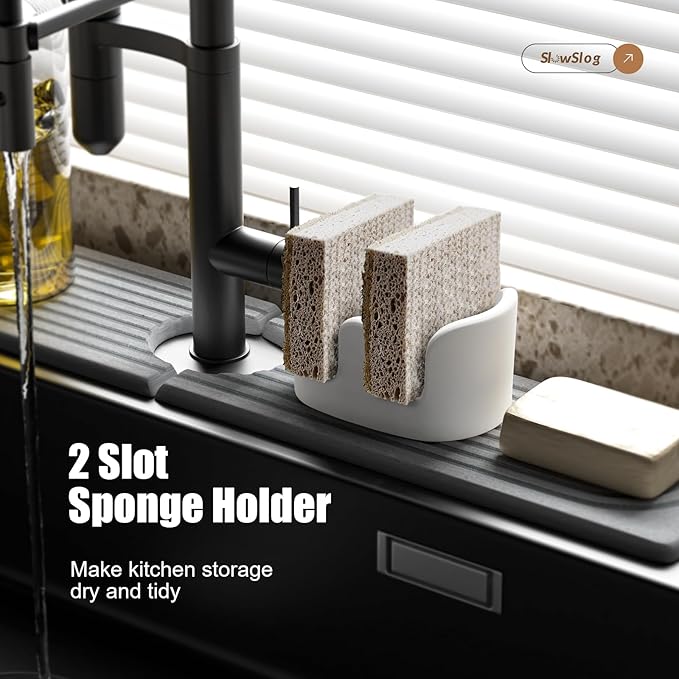 Double Sponge Holder, 2 Slot Diatomite Stone Sponge Holder, Absorbent Sponge Stand for Kitchen Sink, Quick Dry Sponge Caddy Kitchen Sink Organizer, White