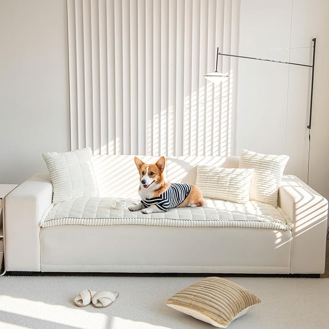 OTOB Couch Covers for 3 Cushion Sofa Pet Friendly, Plush Fuzzy Non Slip Sofa Covers Washable, Soft All Seasons Sofa Slipcovers Furniture Protector Dog Bed Mat (Cream, 27.6" x 82.7")