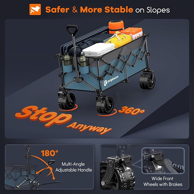 220L Collapsible Wagon Cart Foldable, 460lbs Load Capacity Heavy Duty Folding Beach Wagons with Big All-Terrain Wheels, Utility Carts for Groceries, Shopping, Camping, Sports - Grey&Blue