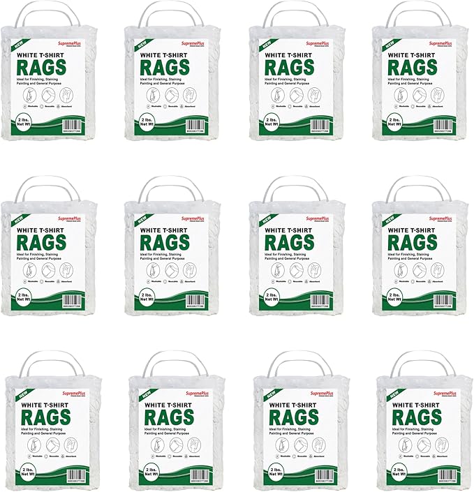 Premium White T-Shirt Cleaning Rags (2 lbs. Bag - Pack of 12) – White Cotton Rags for Cleaning, Staining, Painting, Oil, Grease & Dust Removal – Shop Rags Bulk for Multipurpose use