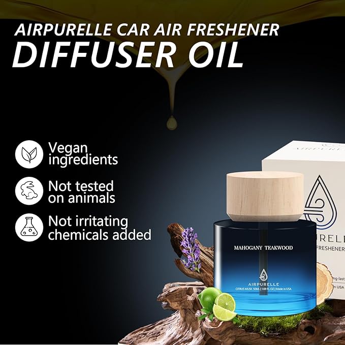 Car Air Freshener for Men & Women – Long-Lasting Mahogany Teakwood Essential Oil Diffuser for Car Cup Holder – 50ML (1.7 FL OZ) Car Scent Diffuser, Inspired by Perfume – Made in USA