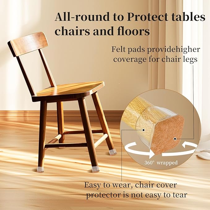 Square Chair Leg Floor Protectors Large 24Pcs,Silicone Chair Leg Protectors for Hardwood Floors/Tiles,Clear 360°Wrapped Felt Bottom to Prevent Scratch and Reduce Noise