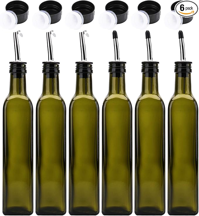 Kingrol 6 Pack 8 oz Glass Olive Oil Dispenser Bottles, Oil and Vinegar Cruets with Stainless Steel Pourer Spouts, Non-Drip Oil Bottles for Kitchen