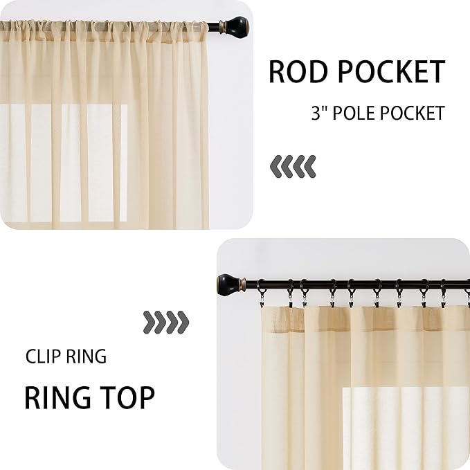 Tollpiz Short Sheer Linen Textured Curtain Sheers Doorway Light Filtering Voile Patio Glass Door Rod Pocket Curtains French Door, 54 x 54 inches Long, Beige, Set of 1 Panel