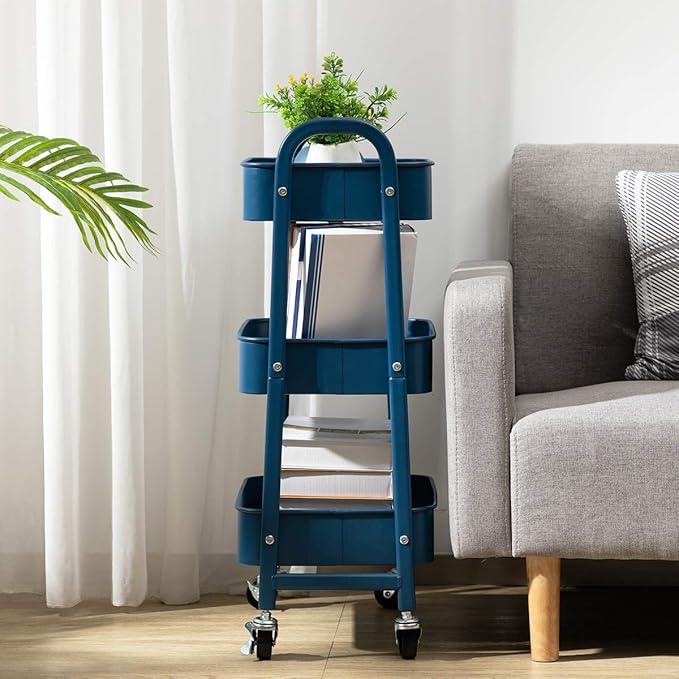 AGTEK Makeup Cart, Movable Rolling Organizer Cart, 3 Tier Metal Utility Cart,Navy Blue