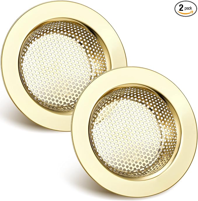 Retisee 2 Pcs Sink Strainer Stainless Steel Kitchen Sink Drain Strainer Basket Cover Mesh Hair Food Catcher, Large Wide Rim of 4.4 Diameter(Gold)
