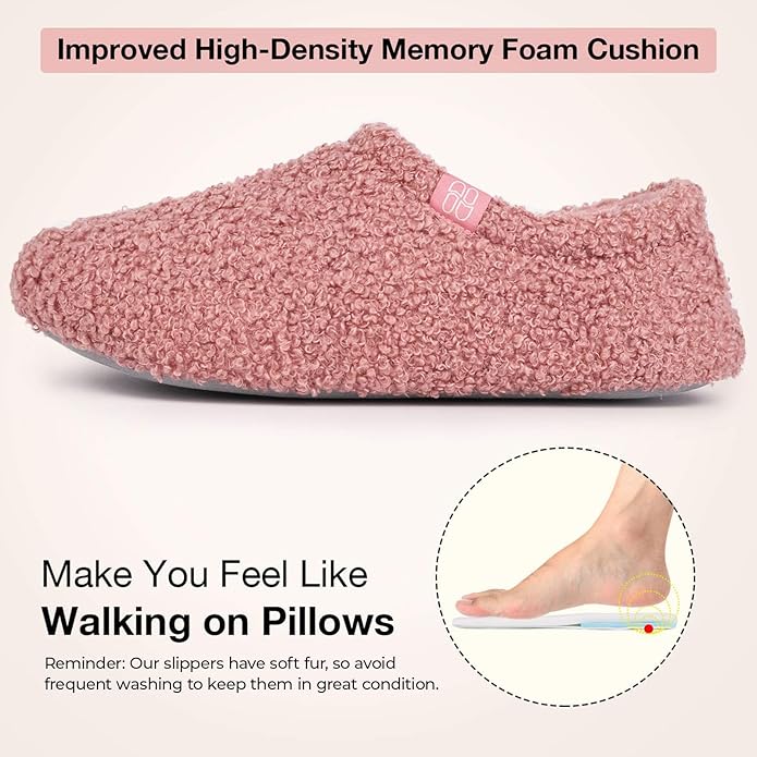 HomeTop Women's Fuzzy Curly Fur Memory Foam Loafer Slippers with Polar Fleece Lining