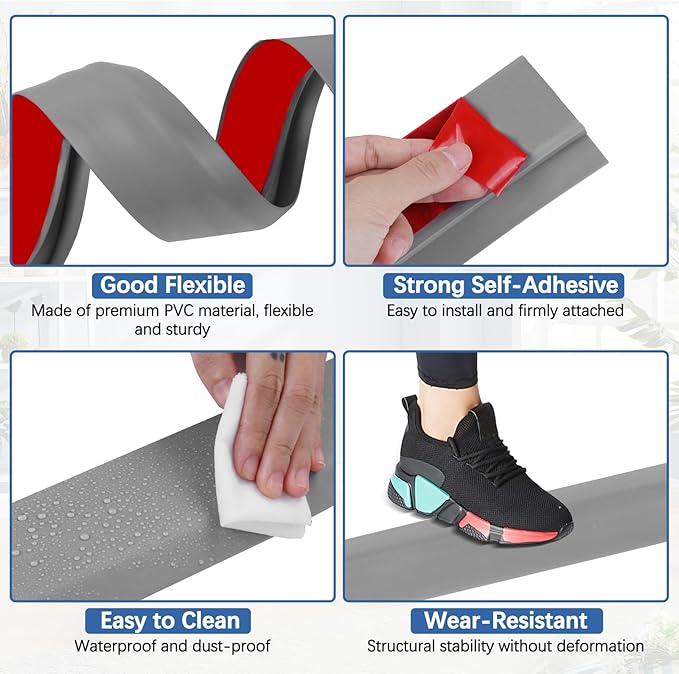 Vinyl Door Threshold Flooring Transition Strip Self Adhesive Carpet Edging Strip for Laminate Doorway Edge Threshold from 1/5" to 2/5" (Gray, 10 Ft)