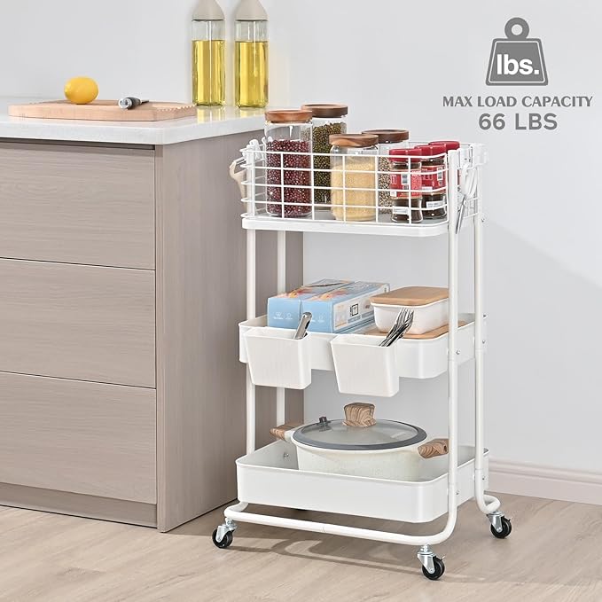 KINGRACK 3 Tier Rolling Cart, Metal Mobile Storage Shelf with Lockable Wheels, Prevent Falling Utility Trolley Cart, Storage Organizer for Kitchen, Office, Bathroom, Dorm, White