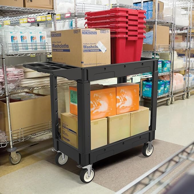 2 Shelf Heavy Duty Plastic Utility Cart, Service Cart Tub Storage W/Deep Shelve Holds up to 1000 lbs, Rolling Utility Cart with 360°Swivel Wheels, Work Cart for Warehouse, Garage, Cleaning