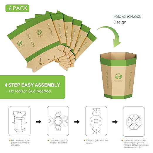6-Pack Cardboard Trash Can – Foldable, Recyclable, Plastic-Free & Reusable Small Waste Paper Basket - Garbage Bin Perfect for Office, Bedrooms, Home, Events & Outdoor Activities (2.1 Gallon)