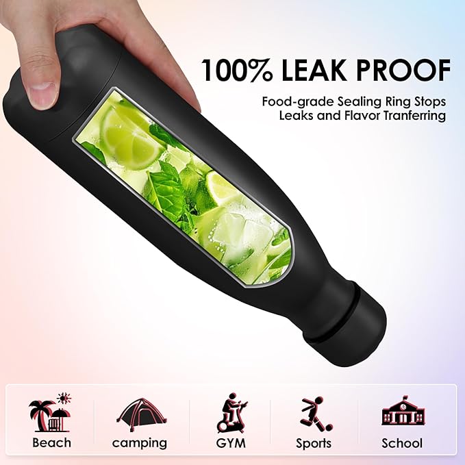 25oz Cola-Bottle Shaped Stainless Steel Leak-proof Water Bottle,Double Wall Vacuum Insulated Metal,Travel Mug For Sports Indoors & Outdoors,BPA-Free School Kids Flasks,Black(2 Pack）