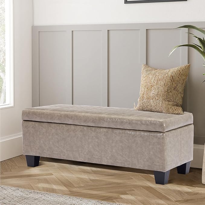 Faux Leather Ottoman with Storage, 42 Inch Rectangular Storage Ottoman Bench with Safety Hinged Lid, Large Upholstered End of Bench for Bedroom Entryway Living Room, Grey