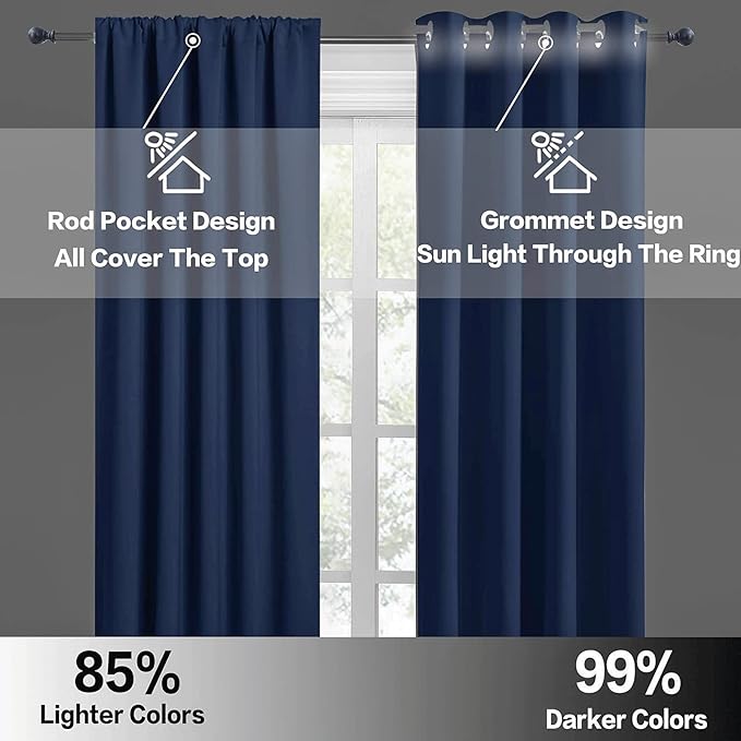 RYB HOME Small Window Curtains Blackout - Privacy Energy Saving Insulating Curtains Blinds for Bedroom Bathroom Basement Kids Nursery Kitchen, W 34 x L 48 inches, Navy Blue, 2 Panels
