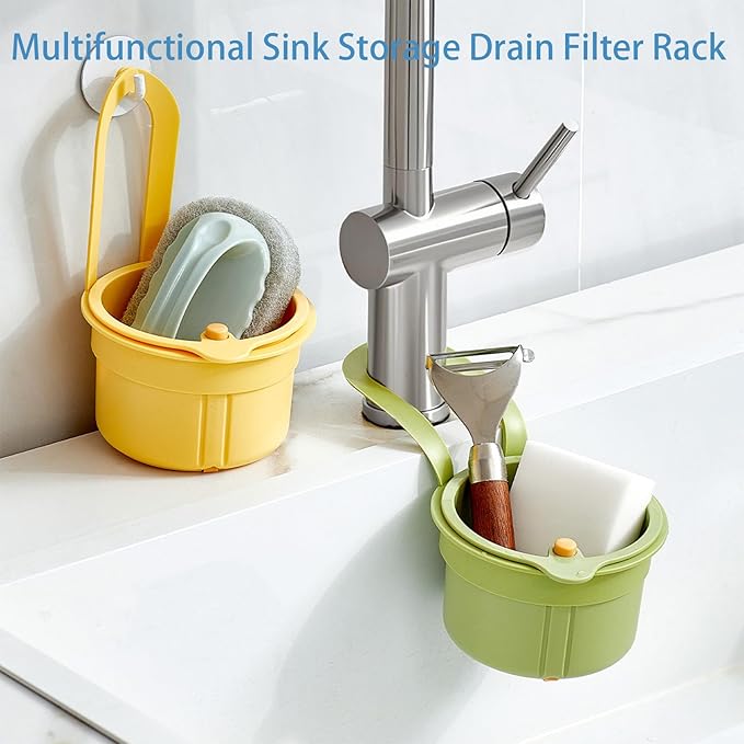 Faucet Hanging Strainer Kitchen Sink Food Waste Catcher Drain Basket, Plastic Kitchen Sink Strainer Automatic Dumping Draining Basket, Food Fruit Vegetable Drain Shelf Sink Storage Holder (White)