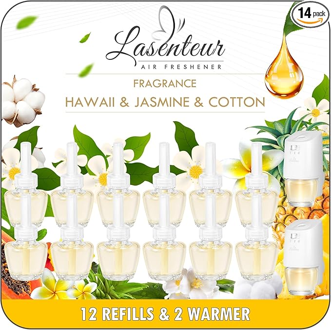 Plug in Air Fresheners Refills, Essential Oil Scented Refill with 2 Warmer, Jasmine, Hawaiian, Cotton, Long Lasting Home Fragrance for Bathroom, Compatible with Airwick, Compatible with Glade