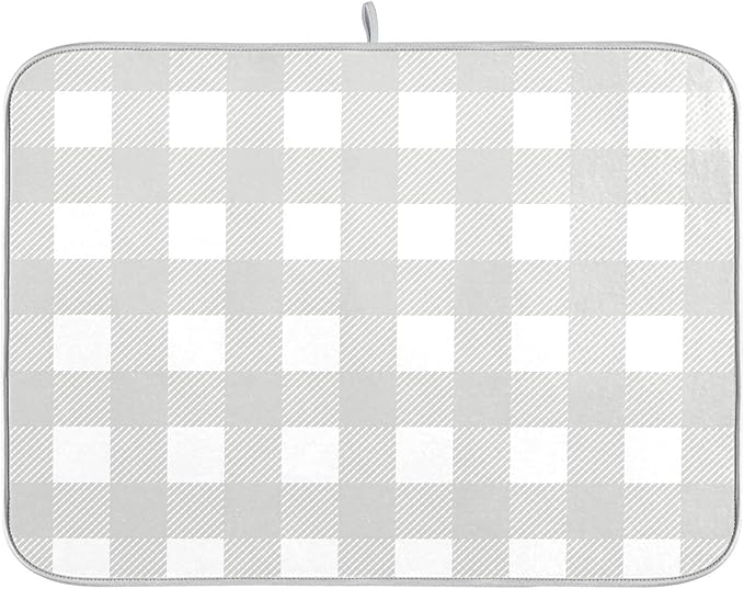 Buffalo Plaid Gray White Dish Drying Mat for Kitchen Countertop 18x24 Chessboard Rectangle Large Drying Mat Reusable Quick Dry Dish Sink Absorbent Mats Dishwasher Easy Clean Decorative Home Essentials