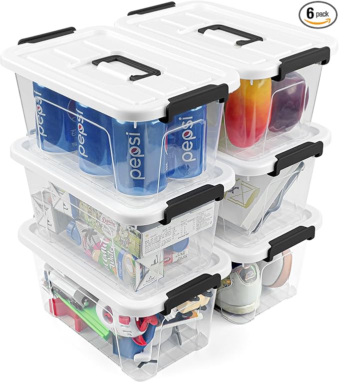NUMIFUN Plastic Storage Bins With Lids 6 Pack Storage Organizer Bins, 7 Quart Stackable Storage Bins with Lids and Black Handle Buckle Easy for Home Office Organization, White Lids