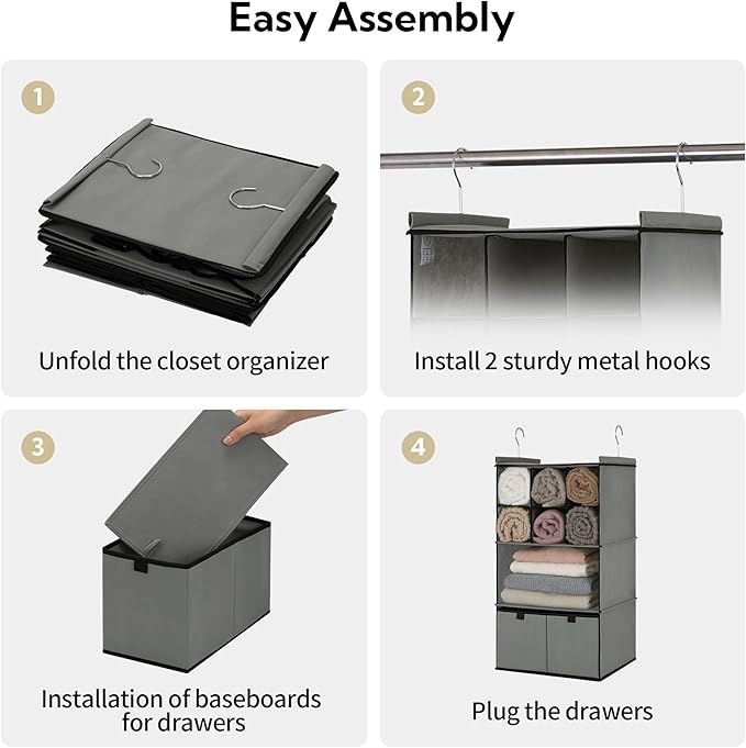 GRANNY SAYS Hanging Closet Organizer with Drawers, 4 Shelf Dividers Closet Hanging Organizer, Foldable Hanging Shelves for Wardrobe Closet, Small Closet Organizers for Clothes Shoes, Grey
