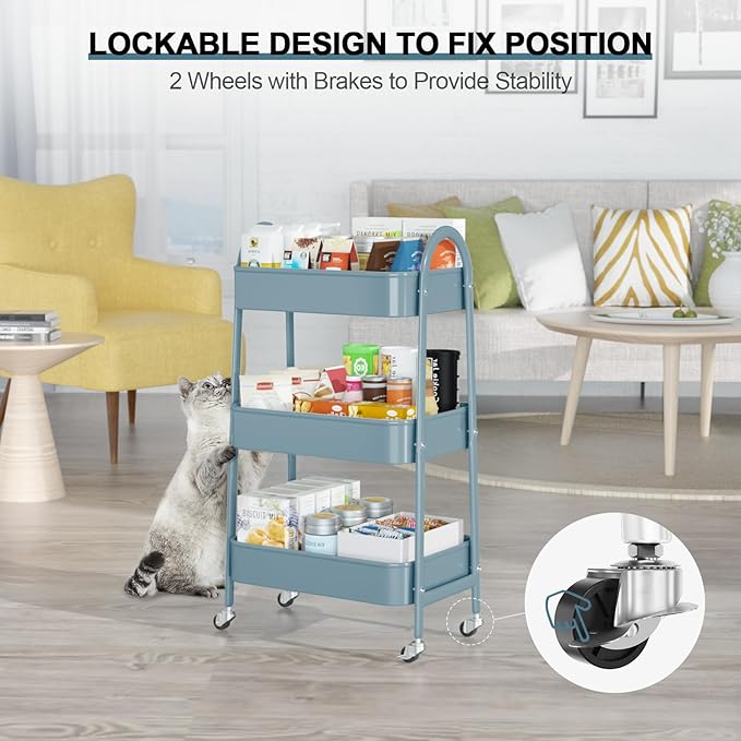 3 Tier Utility Rolling Cart, EAGMAK Metal Storage Cart with Handle and Lockable Wheels, Multifunctional Storage Organizer Trolley with Mesh Baskets for Kitchen, Living Room, Office, Garage (Blue)