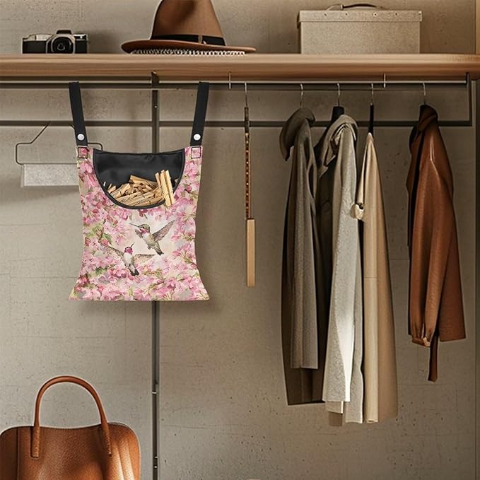 Hummingbird and Cherry Blossom Clothes Pin Hanging Bag, Clothes Pin Hanging Bag Space-Saving Organize Clothespin Bag Large Capacity Clothespin Bag with A Large Opening for Clothesline Outdoor