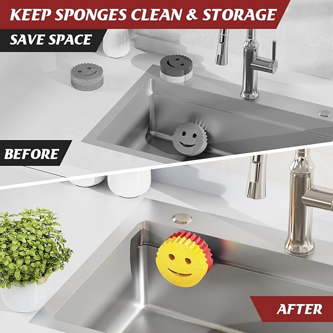 Sponge Holder for Kitchen Sink,Sink Caddy Organizer with Suction Cup Installation for Kitchen/Bathroom, Self Draining,Sponge Caddy for Holding Smiley Sponges-Silver